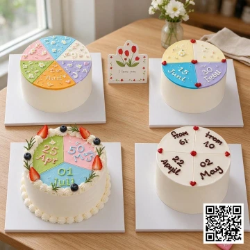 Bánh sinh nhật Bestie Cake chia thành nhiều phần nhỏ, trang trí hoa kem và trái cây, màu trắng kem chủ đạo.
