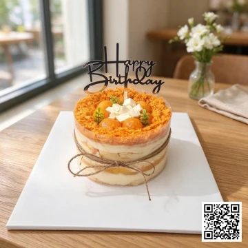 Bánh bông lan trứng muối chà bông hình tròn, trang trí mộc mạc với dây đay, trứng muối, phô mai và topper Happy Birthday.