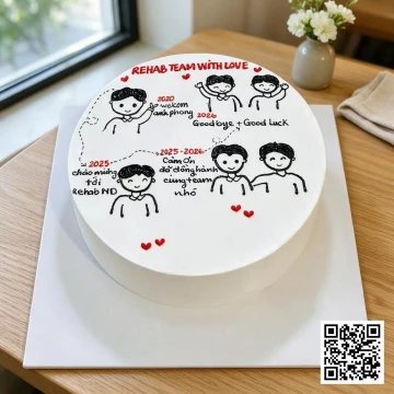 Bánh kem tròn màu trắng phong cách tối giản, vẽ line art kỷ niệm đồng nghiệp, có chữ viết tay và điểm nhấn đỏ.