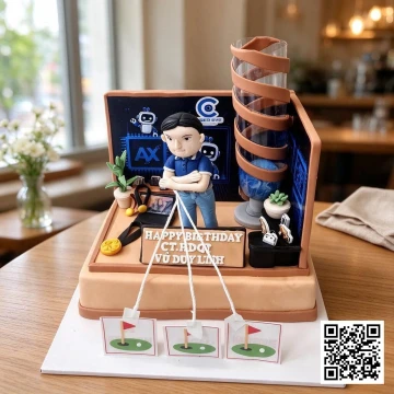 Bánh sinh nhật fondant hình vuông, trang trí Chibi sếp trong không gian công nghệ cao, có robot, màn hình LED, và chi tiết golf.