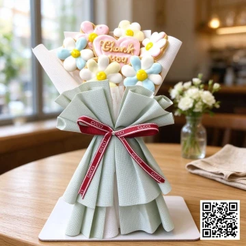 Bó hoa cookies handmade hình hoa cúc pastel và trái tim "Thank You", gói quà sang trọng.