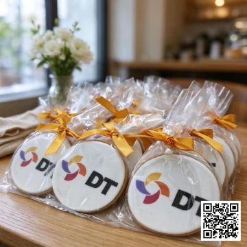 Bánh cookies hình tròn in logo công ty DT, đóng gói riêng với nơ vàng, làm quà tặng sự kiện.