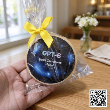 Bánh cookies hình tròn in logo doanh nghiệp và họa tiết dải ngân hà, đóng gói riêng lẻ trang trọng.