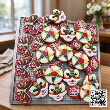 Bộ bánh cookies Trung Thu trang trí hình đèn ông sao và đầu lân, màu sắc rực rỡ, làm thủ công bằng icing.