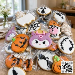 Bộ bánh cookies vẽ tay chủ đề Kuromi với tông màu tím, hồng, trắng, trang trí nơ, trái tim, phù hợp làm quà tặng sinh nhật bé gái.