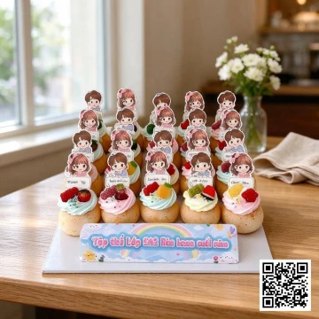 Set bánh cupcake kem tươi trang trí hoạt hình, trái cây cho sự kiện lớp học
