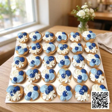 Set bánh cupcake trang trí kem xanh pastel và trắng, bắt hoa thủ công tinh tế theo phong cách Hàn Quốc.