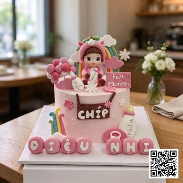 Bánh đầy tháng bé gái tuổi Ngọ trang trí fondant hình ngựa một sừng màu hồng pastel, có tên bé Bún và chữ FULL MONTH.