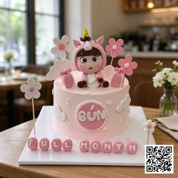 Bánh đầy tháng bé gái tuổi ngựa màu hồng pastel, trang trí em bé ngựa 3D, hoa và mây.