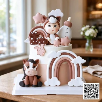 Bánh đầy tháng bé trai tuổi ngựa 2 tầng fondant màu nâu be, có hình em bé, chú ngựa con, bình sữa và cầu vồng.