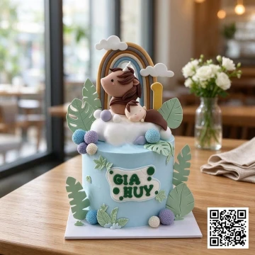 Bánh đầy tháng bé trai tuổi Ngựa, trang trí fondant 3D chú ngựa nâu, em bé ngủ, cầu vồng và lá cây nhiệt đới trên nền bánh xanh đại dương.
