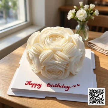 Bánh sinh nhật hình tròn trang trí hoa giấy gạo màu trắng kem, chữ Happy Birthday màu đỏ.