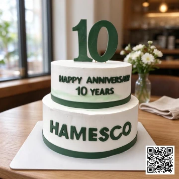 Bánh kem 2 tầng tròn màu trắng với logo HAMESCO và dòng chữ "HAPPY ANNIVERSARY 10 YEARS" màu xanh lá.