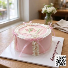Bánh kem 20/10 hình tròn phủ kem hồng pastel, trang trí hoa tulip in và nơ ruy băng.