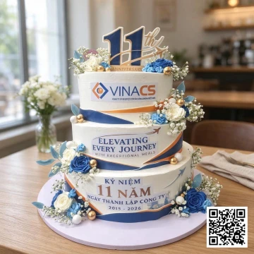 Bánh kem 3 tầng kỷ niệm 11 năm thành lập công ty Vinacs, trang trí sang trọng, hiện đại với hoa kem và hoa tươi.