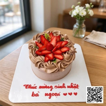 Bánh kem tròn phủ kem chocolate sữa, trang trí dâu tây tươi xếp hình hoa, có chữ 'Chúc mừng sinh nhật bà ngoại'