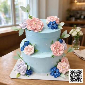 Bánh kem 2 tầng phủ kem xanh pastel trang trí hoa kem hồng, tím, xanh coban và lá kem.
