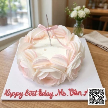 Bánh sinh nhật hình tròn phủ kem tươi màu trắng ngà, trang trí hoa giấy gạo hồng pastel, ngọc trai và nơ ruy băng.