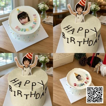 Bánh sinh nhật tròn phủ kem trắng ngà, in ảnh bé gái, trang trí chữ Happy Birthday và hoa kem kiểu Hàn Quốc