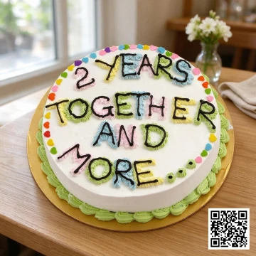 Bánh kem kỷ niệm tình yêu màu trắng, trang trí chữ '2 YEARS TOGETHER' nhiều màu, viền sóng xanh lá và hạt trái tim.