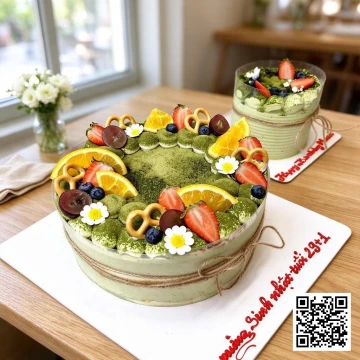 Bánh sinh nhật hình tròn phủ kem trà xanh matcha, trang trí hoa quả tươi, bánh quy pretzel và hoa kem.