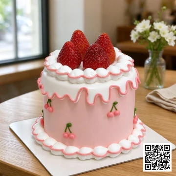 Bánh kem mini hình tròn trang trí dâu tây tươi và cherry bằng kem, phủ kem hồng pastel và hiệu ứng kem chảy.