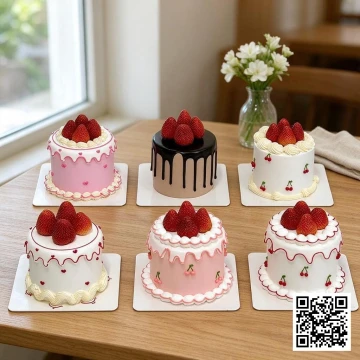 Bánh kem mini màu hồng pastel trang trí dâu tây tươi và họa tiết trái tim, cherry dễ thương.