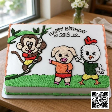 Bánh kem sinh nhật hình chữ nhật vẽ 3 con vật khỉ, lợn, gà đáng yêu đang biểu diễn, trang trí kem tươi nhiều màu sắc cho bé.
