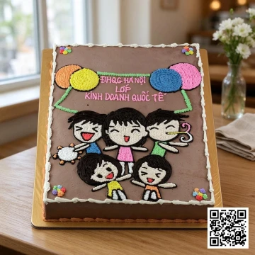 Bánh kem sinh nhật hình chữ nhật màu nâu vẽ tay hình sinh viên vui nhộn, kỷ niệm lớp học, bóng bay nhiều màu