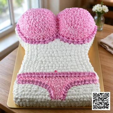 Bánh kem tươi hình bikini hồng trắng 3D độc đáo, trang trí tỉ mỉ với chi tiết ren và bèo nhún, phù hợp làm quà sinh nhật lãng mạn.