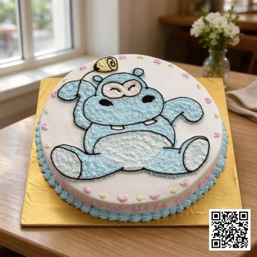 Bánh kem sinh nhật tròn vẽ hình chú hà mã màu xanh dương dễ thương, trang trí trái tim nhỏ, phù hợp cho bé trai và bé gái.