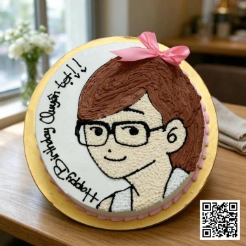 Bánh kem sinh nhật vẽ hình cô gái đeo kính tóc xoăn nâu, trang trí nơ hồng và lời chúc "Happy Birthday Quyên tốt !!", nền kem trắng.