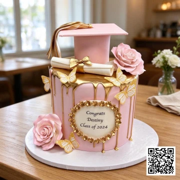 Bánh kem tốt nghiệp hình tròn màu hồng pastel và vàng gold, trang trí mũ cử nhân, bằng tốt nghiệp, hoa hồng fondant và bướm.