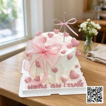 Bánh kem trái tim màu hồng pastel trang trí nơ ruy băng và trái tim nhỏ, phong cách Hàn Quốc.