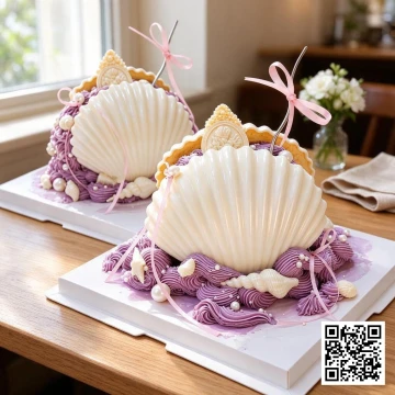 Bánh sinh nhật vỏ sò biển cả màu trắng ngà và tím pastel, trang trí ngọc trai, vỏ ốc.