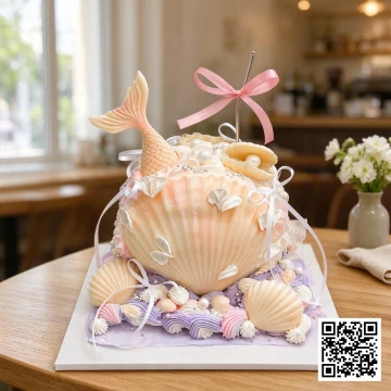 Bánh sinh nhật 3D hình vỏ sò khổng lồ với đuôi nàng tiên cá, ngọc trai và kem xoáy pastel