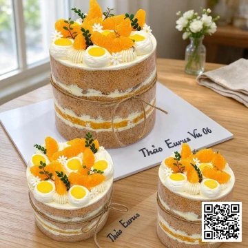 Bánh kem whipping cream vị cam tươi kiểu naked cake trang trí hoa và cam lát, tông màu vàng cam tươi sáng.