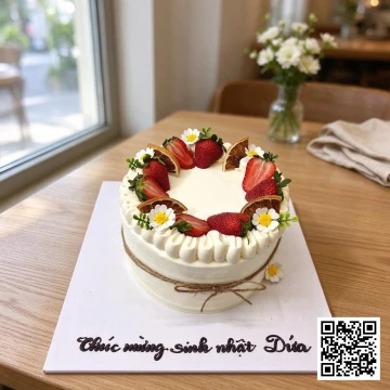 Bánh sinh nhật tròn phủ kem whipping trắng, trang trí dâu tây tươi, cam sấy và hoa cúc nhỏ.