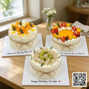 Bánh kem whipping cream tròn trang trí trái cây tươi theo mùa, phong cách naked cake