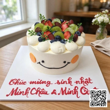 Bánh kem tròn phủ kem tươi, trang trí hoa quả tươi, mặt cười và macaron.