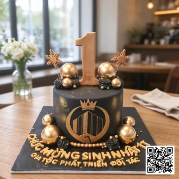Bánh sinh nhật 1 tuổi công ty màu đen vàng sang trọng với logo và số 1 ánh kim