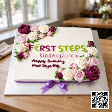 Bánh kem hình chữ nhật tone trắng trang trí hoa hồng và lá kem, có chữ "FIRST STEPS kindergarten 11th".
