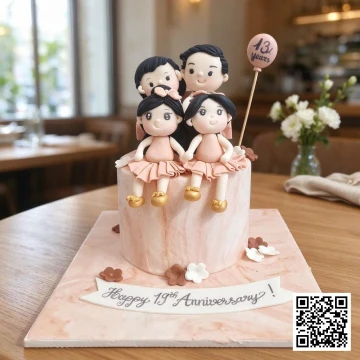 Bánh kỷ niệm ngày cưới hình gia đình 4 người fondant 3D, số 19 năm, chữ Happy 19th Anniversary, màu hồng cam pastel.