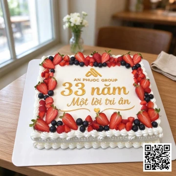 Bánh kem hình vuông lớn kỷ niệm 33 năm thành lập công ty An Phước Group, trang trí logo, chữ mạ vàng và viền trái cây tươi.