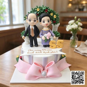Bánh kem kỷ niệm 55 năm ngày cưới ông bà phủ fondant trắng, trang trí hình ảnh 3D ông bà, cổng hoa, số 55 vàng và nơ hồng pastel.
