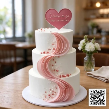 Bánh kỷ niệm ngày cưới 3 tầng màu trắng chủ đạo, điểm nhấn dải lụa hồng pastel mềm mại, topper trái tim.