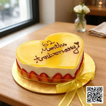 Bánh mousse chanh leo hình trái tim màu vàng, trang trí dâu tây tươi và chữ '62 Months Anniversary' bằng socola, trên nền trắng.
