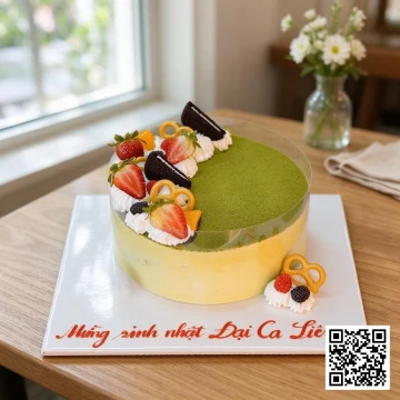 Bánh mousse matcha trà xanh đường kiêng thiết kế tối giản, phủ bột matcha, trang trí trái cây và bánh quy.