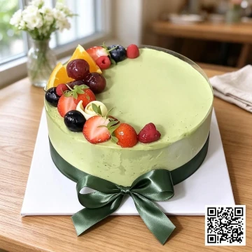 Bánh Mousse Matcha Trà Xanh đường kiêng hình tròn, trang trí trái cây tươi và ruy băng xanh.