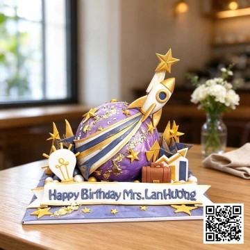 Bánh pinata hình quả cầu vũ trụ galaxy màu tím huyền ảo, trang trí tên lửa, lá vàng, có chữ Happy Birthday